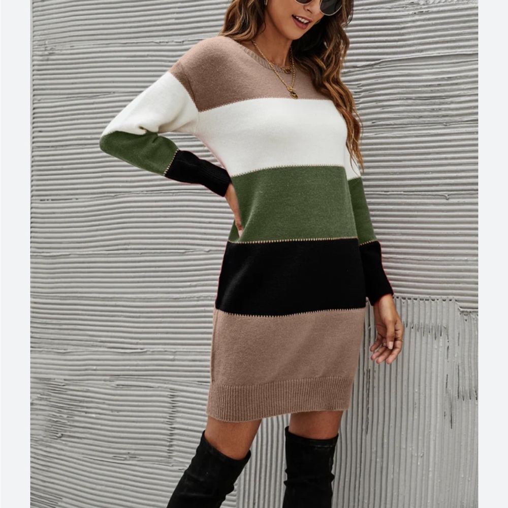 Elegant Striped Long Sleeve Dress - Black, Green, White, Brown